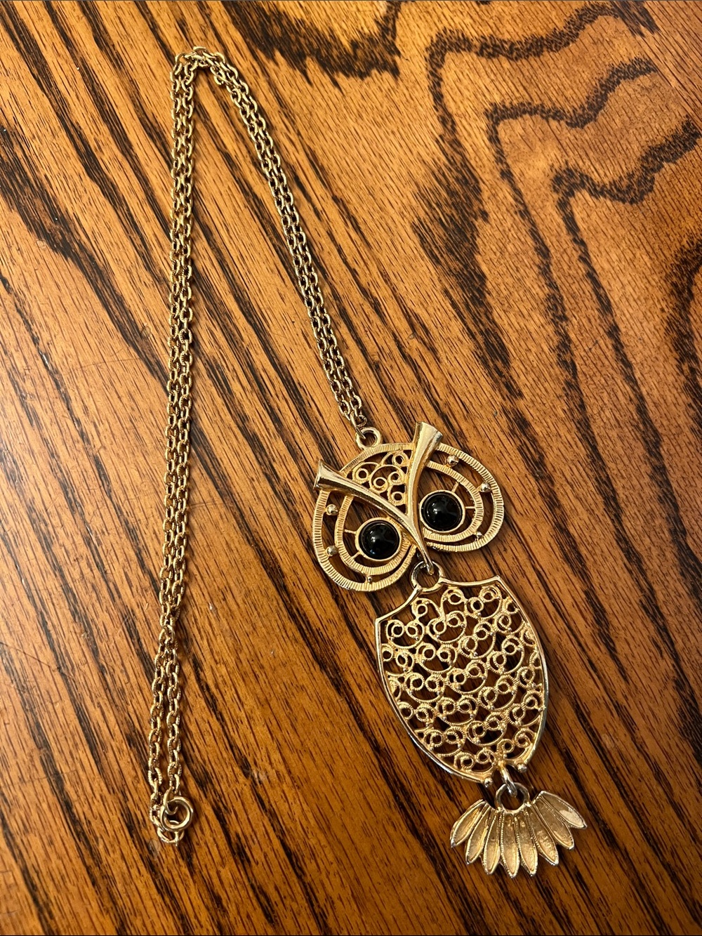 Sarah Coventry Gold Owl Shaped Pendant Necklace Bead Black Eyes - Women Jewelry